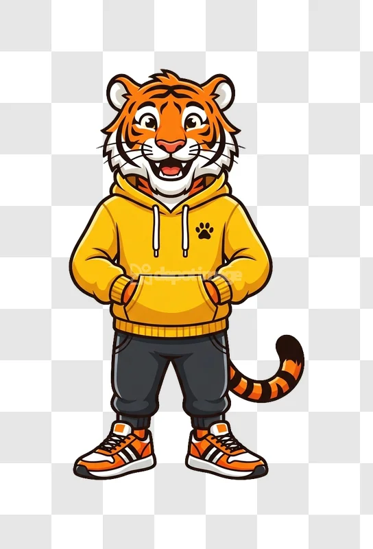 Cartoon Tiger Yellow Hoodie Black Pants, cheerful character transparent background