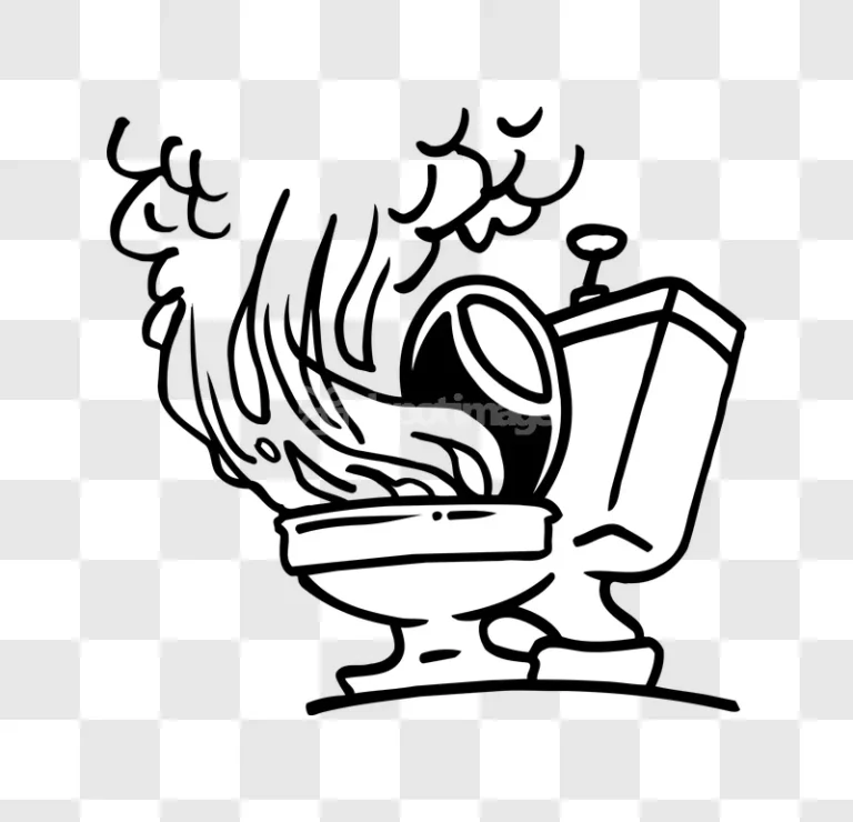 Cartoon Toilet on Fire Black White Illustration, stark black background, white line art