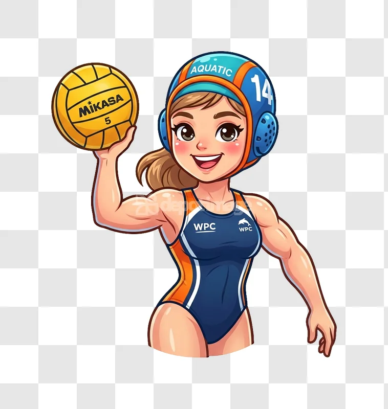 Cartoon Water Polo Player Girl Mikasa Ball cheerful athletic character transparent background