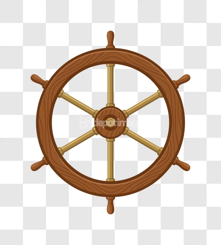 Cartoon Wooden Ship Wheel Against Black, brown wood brass detail transparent