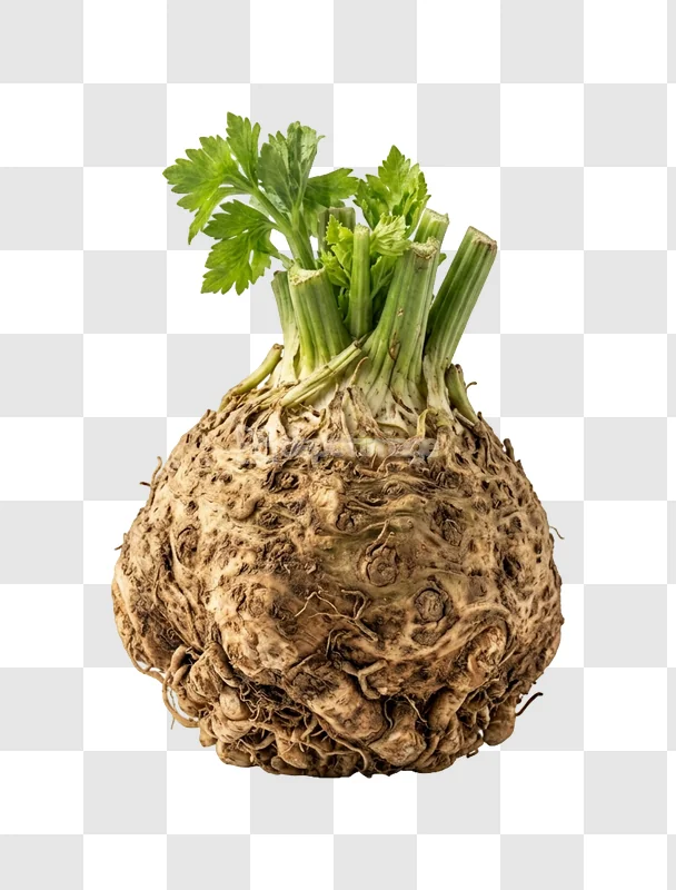 Celeriac Root Leaves Undressed with green foliage and textured root