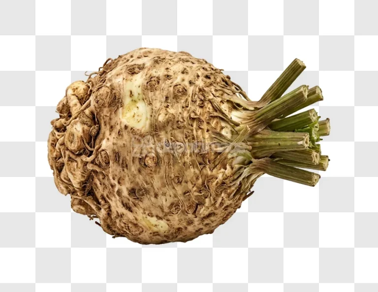 Celeriac Root Vegetable with textured skin and green stems