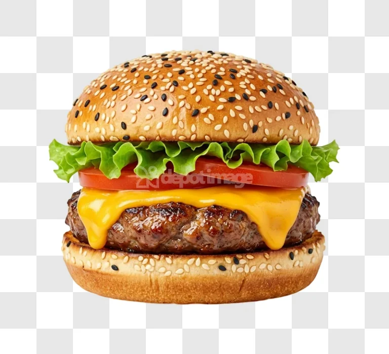 Cheeseburger Lettuce Tomato with melted cheese, fresh ingredients, isolated on black