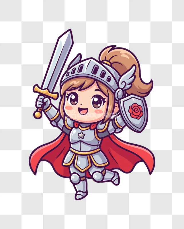 Chibi Knight Girl With Sword and Shield cartoon style red cape