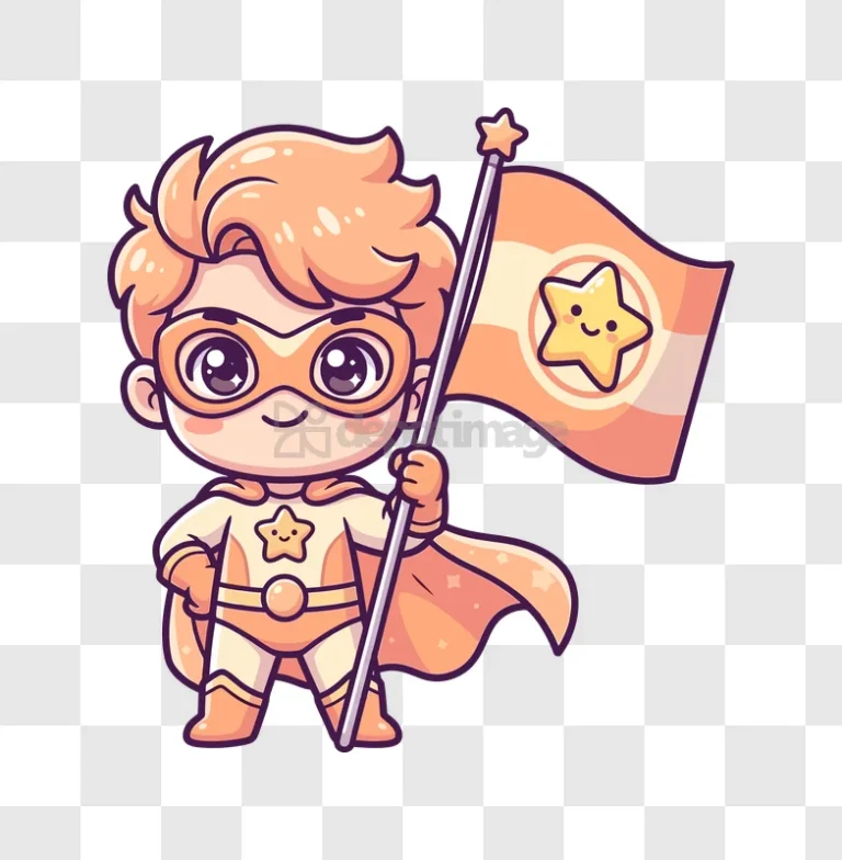 Chibi Superhero Boy Holding Star Flag cute cartoon style orange colors