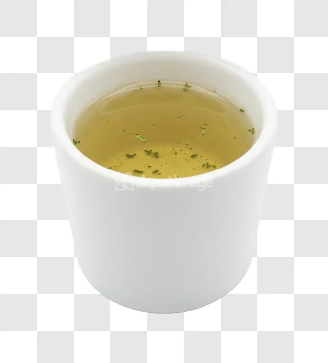 Clear Broth With Herbs in white cup with green specks