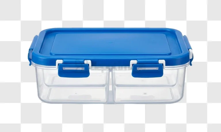 Clear Plastic Food Container Blue Lid transparent background segmented compartments