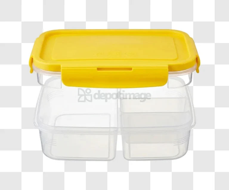Clear Plastic Lunch Box With Yellow Lid transparent background, compartmentalized, rectangular