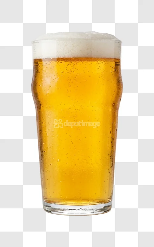 Cold Glass Beer Foam full pint glass, golden liquid, white head