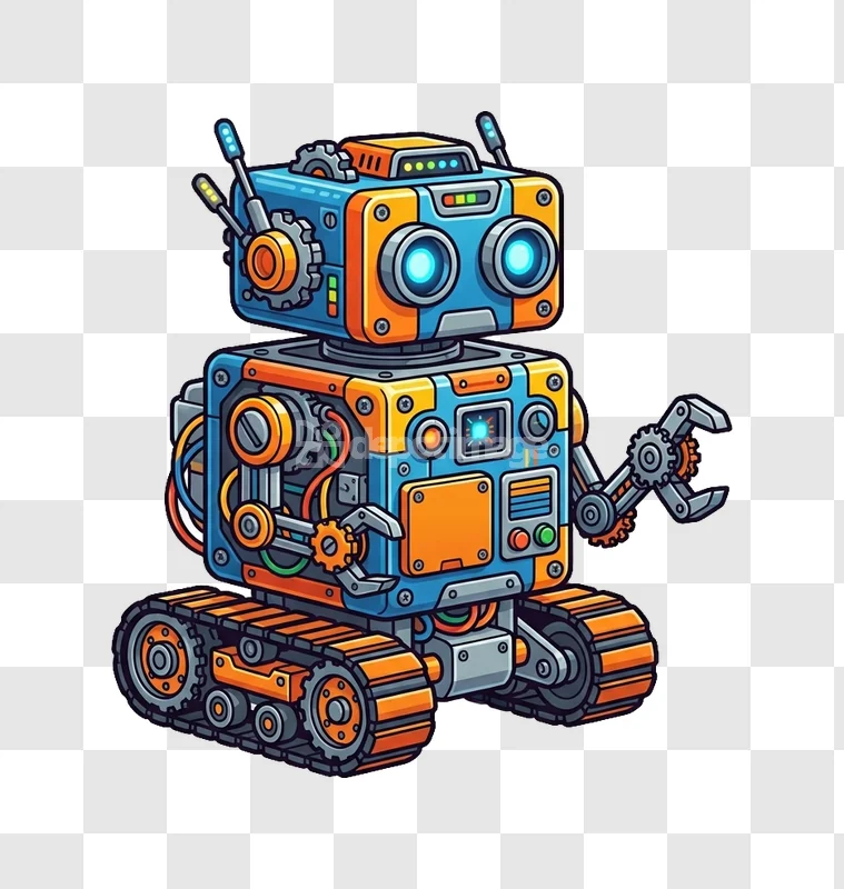 Colorful Cute Robot Blue Orange Treads Icon cartoon style transparent background