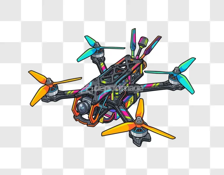 Colorful Fpv Racing Drone vibrant illustrative style black background