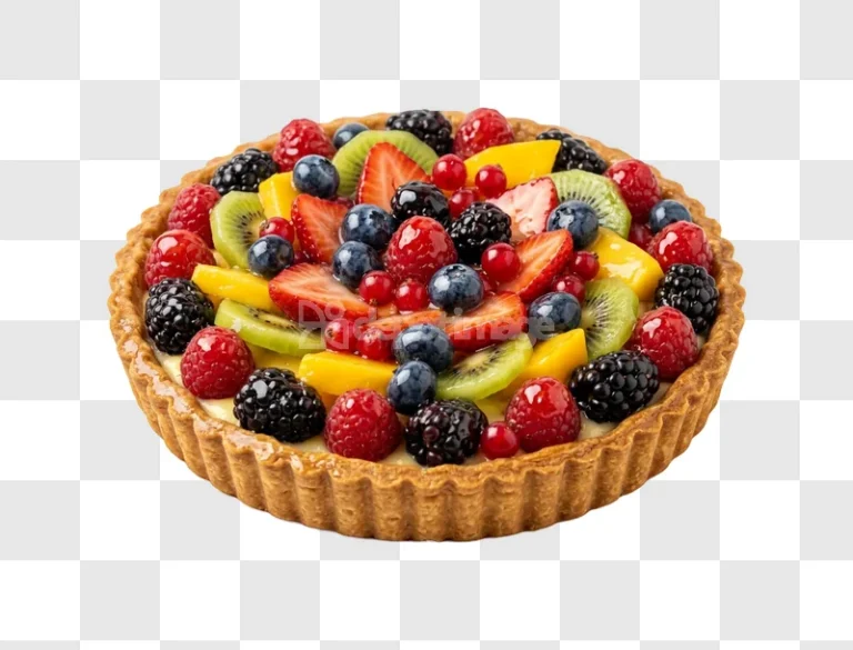 Colorful Fresh Fruit Tart Sweet Dessert with mixed berries and kiwi slices