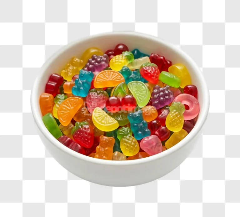 Colorful Gummy Candies Bowl assorted fruit shapes vibrant colors