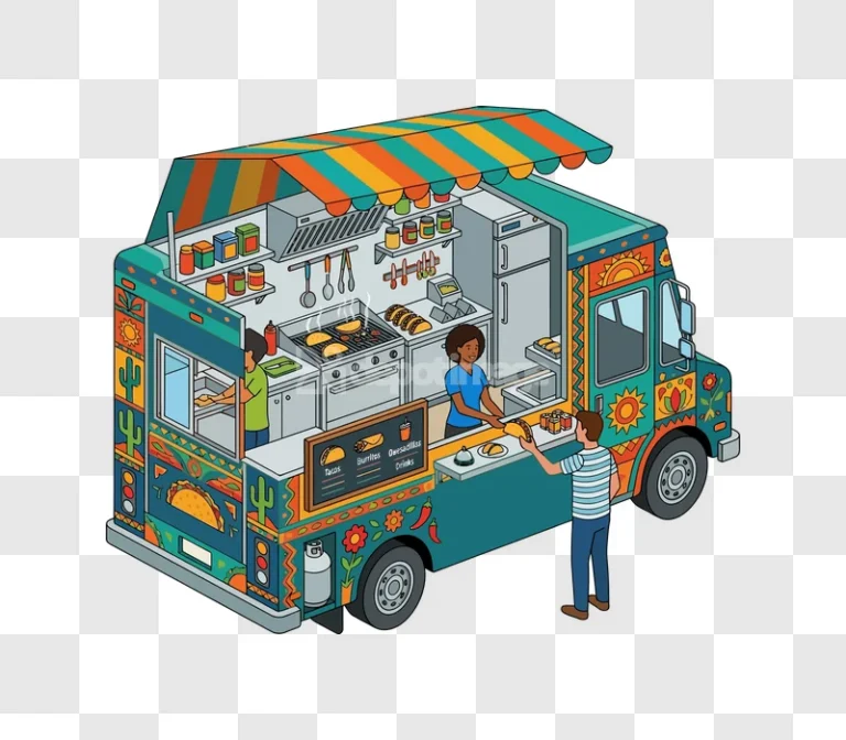 Colorful Taco Food Truck Isometric View isometric illustration teal orange