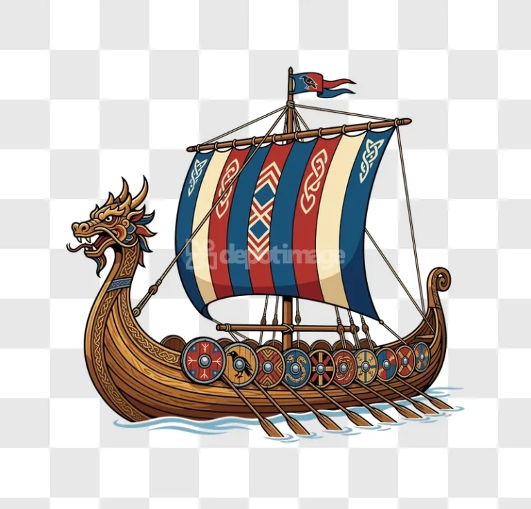 Colorful Viking Longship Dragonhead Sails Oars detailed wooden boat vibrant colors