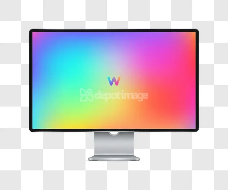 Colorful W Letter Desktop Monitor Icon, vibrant gradient screen, silver stand