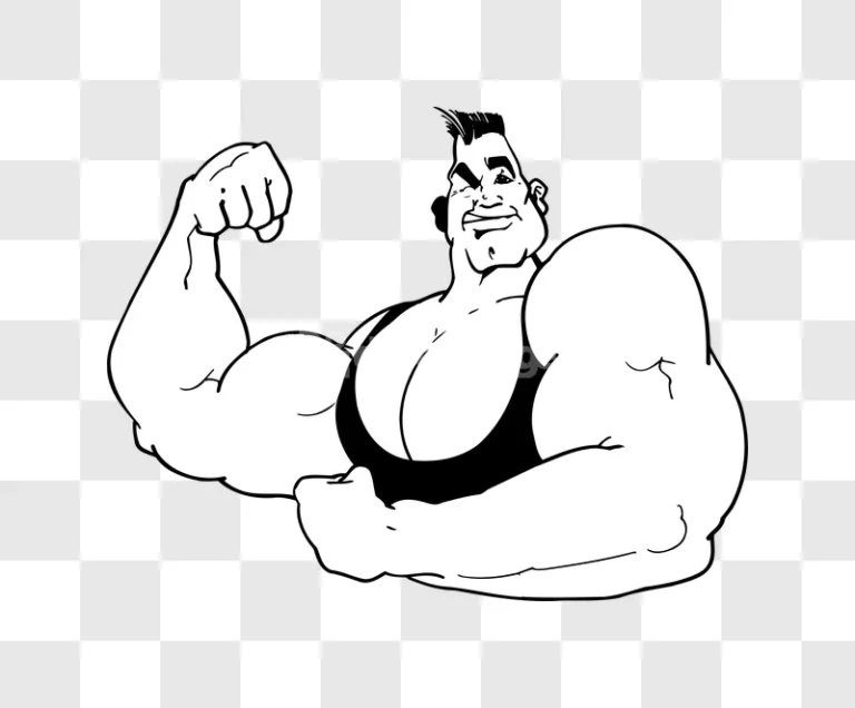 Comic Art Bodybuilder Flexing Muscles black and white illustration, cartoon style