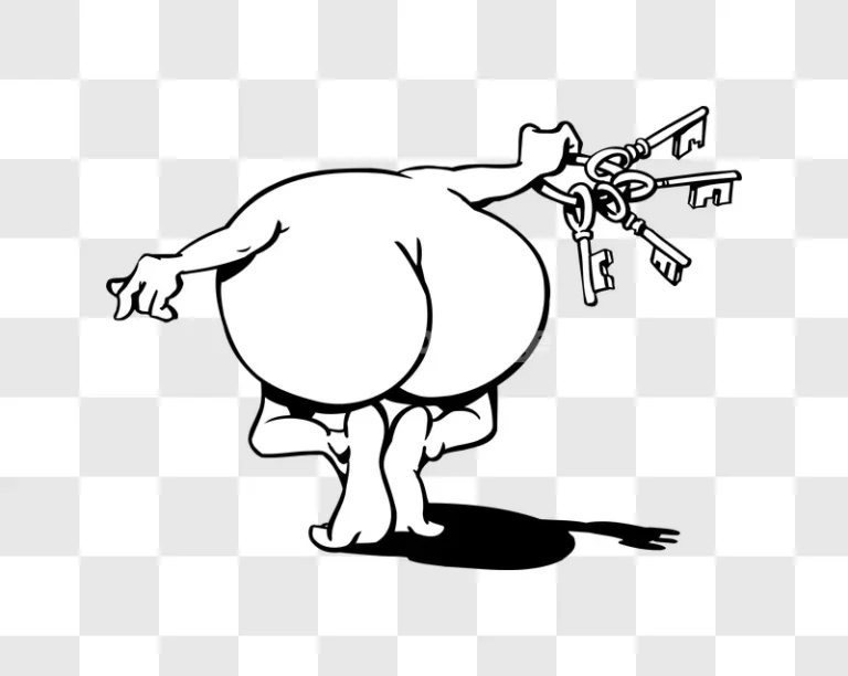 Comic Figure Holding Keys Illustration black and white, cartoon style, bold lines