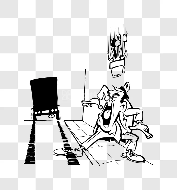 Comic Illustration Man Screaming Truck Flowerpot black and white cartoon man yelling
