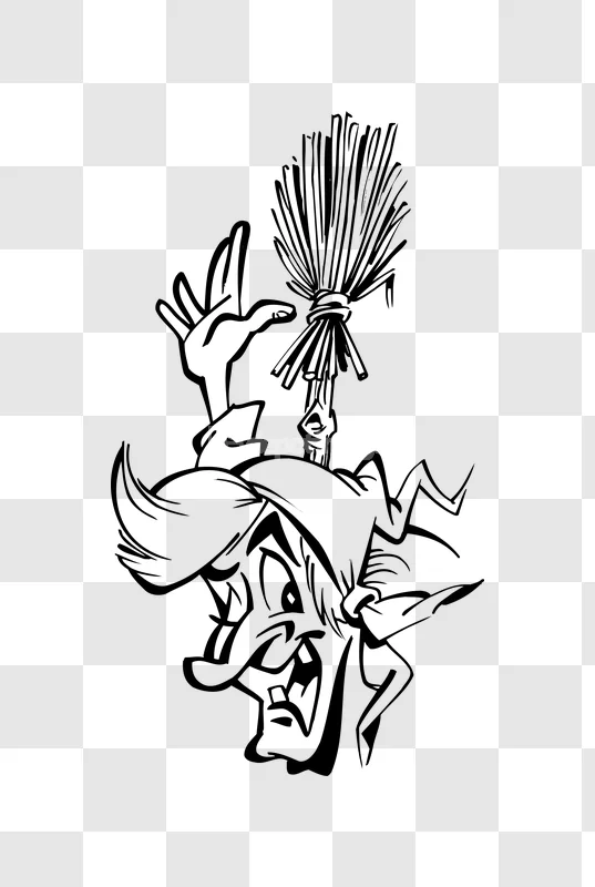Comic Illustration Witch Broom Black White stark contrast graphic