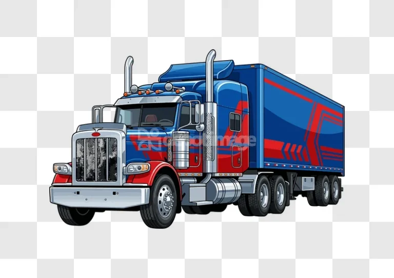 Comic Style Blue Red Semi Truck Trailer vibrant cartoon illustration, transparent background