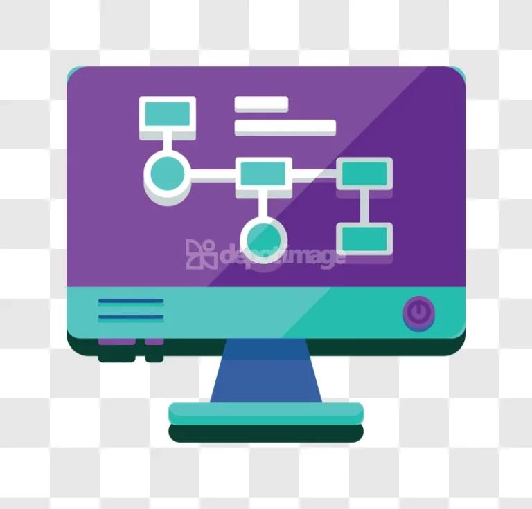 Computer Monitor Showing Flowchart Network Diagram flat design purple teal
