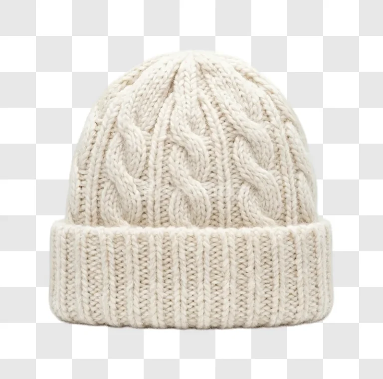 Cream Knitted Beanie With Cable Pattern, cable knit texture, off-white, transparent background