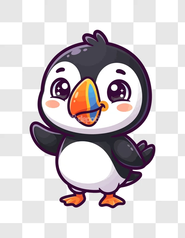 Cute Adorable Puffin Waving Hello cartoon style transparent background