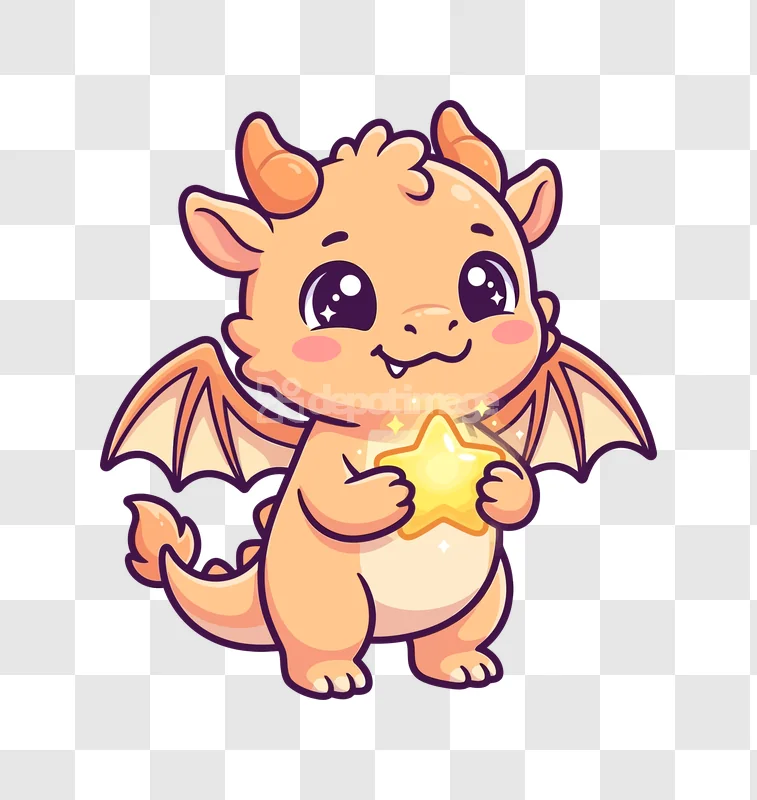Cute Baby Dragon Holding a Shiny Star cartoon style orange transparent background