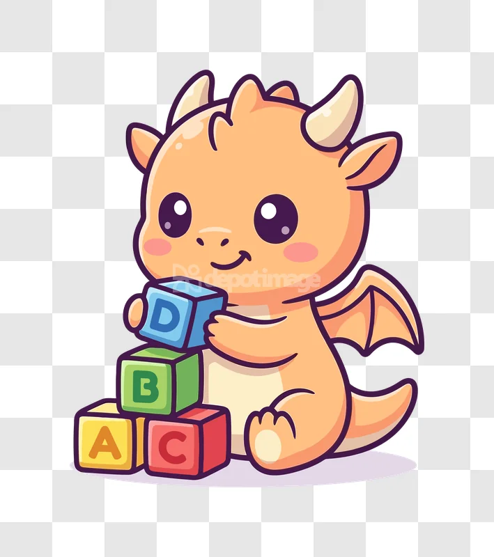 Cute Baby Dragon Playing With Blocks cartoon style orange transparent background
