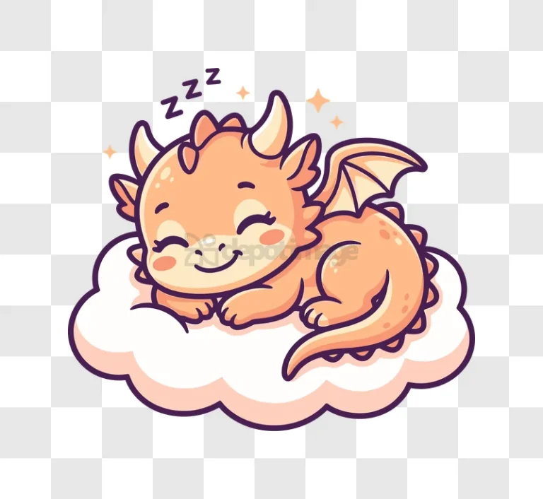 Cute Baby Dragon Sleeping on Cloud, cartoon style, peach colors, transparent background