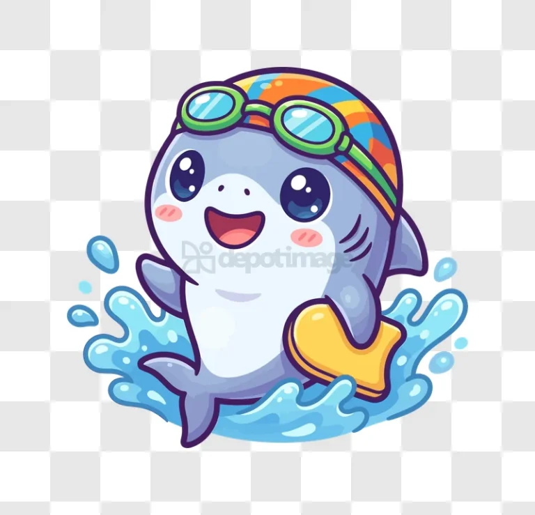 Cute Baby Shark Swimming With Goggles cartoon style transparent background