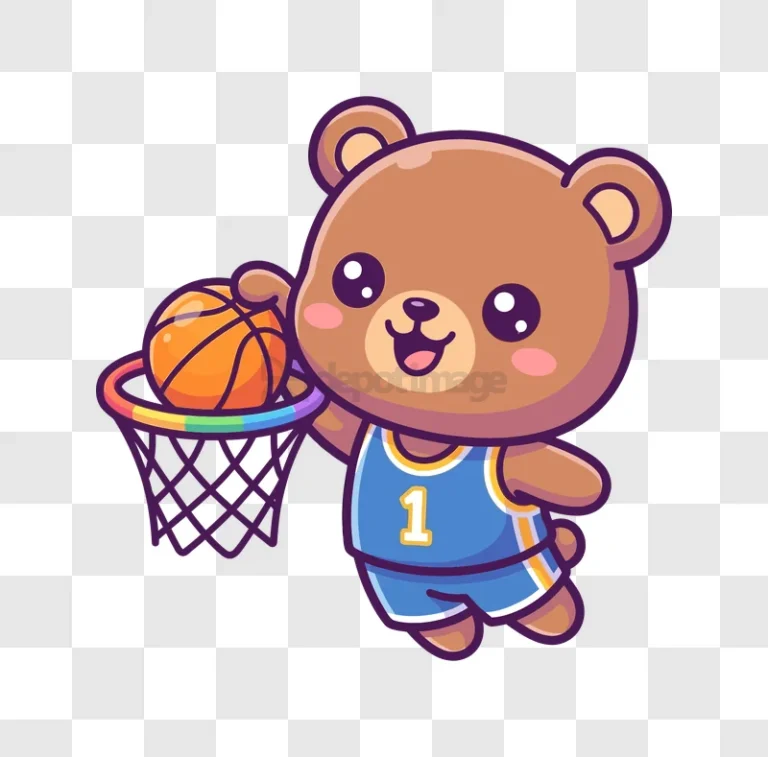 Cute Bear Dunking Basketball With Rainbow Rim cartoon style transparent background