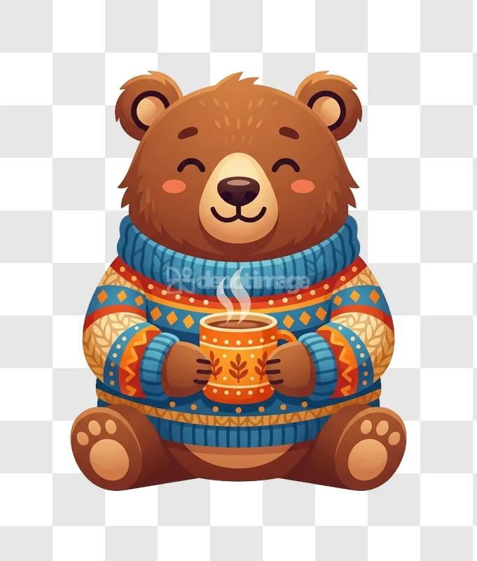 Cute Bear Sweater Hot Drink Cozy Cartoon, cartoon style brown bear transparent background