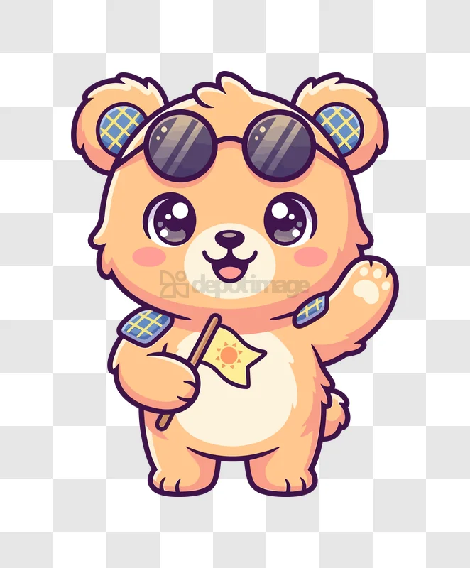 Cute Bear Wearing Sunglasses Waving Flag, cartoon style transparent background