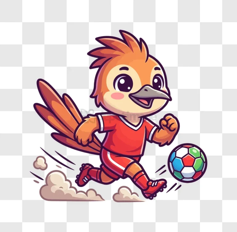 Cute Bird Playing Soccer Cartoon Mascot orange bird red uniform