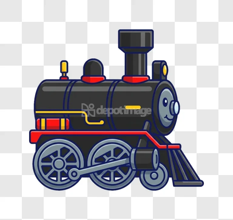 Cute Black Cartoon Steam Train Locomotive Transport flat cartoon style black red yellow