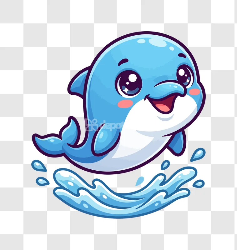 Cute Blue Dolphin Jumping Over Water cartoon style vibrant colors water splash