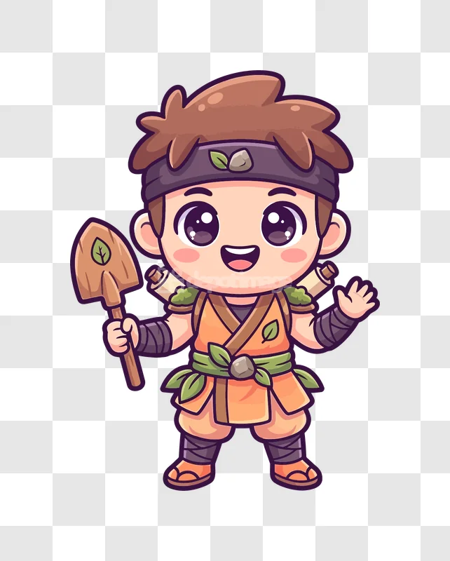Cute Boy Gardener Cartoon Holding Shovel chibi style orange outfit