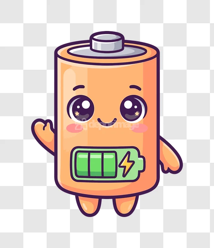 Cute Cartoon Battery With Big Eyes Waving, orange character transparent background