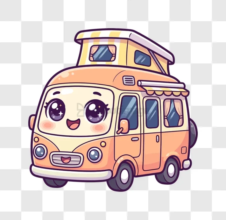Cute Cartoon Camper Van With Face pastel colors pop-top transparent background