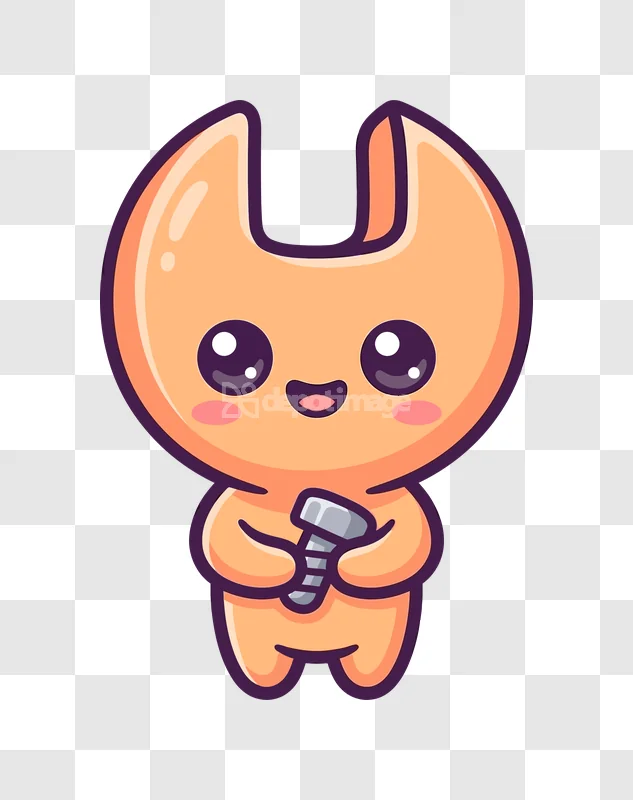 Cute Cartoon Character Holding a Screw, orange kawaii style transparent background