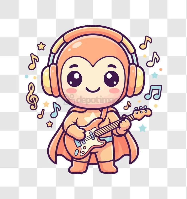 Cute Cartoon Character Playing Electric Guitar, pastel colors, transparent background, musical notes
