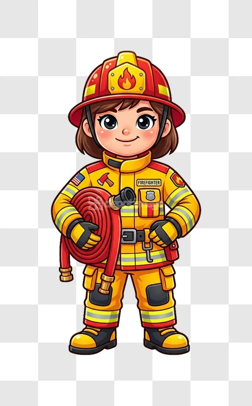 Cute Cartoon Firefighter Girl Holding Hose