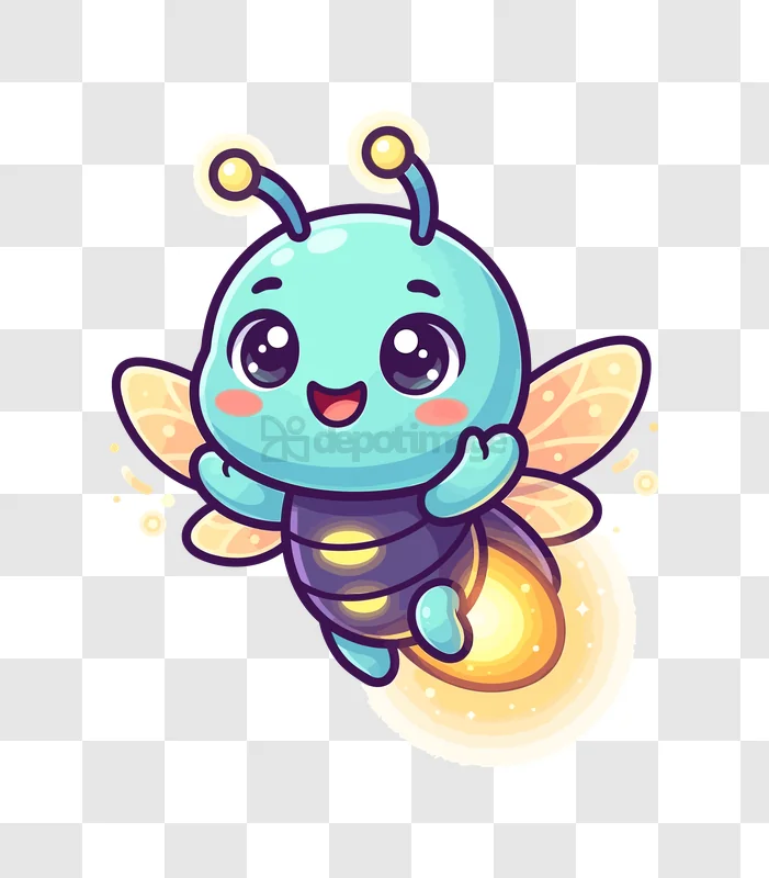 Cute Cartoon Firefly Flying With Glow light blue body glowing tail