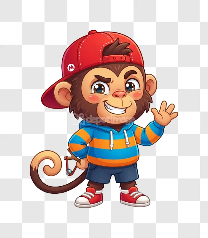 Cute Cartoon Monkey Red Baseball Cap cartoon style transparent background