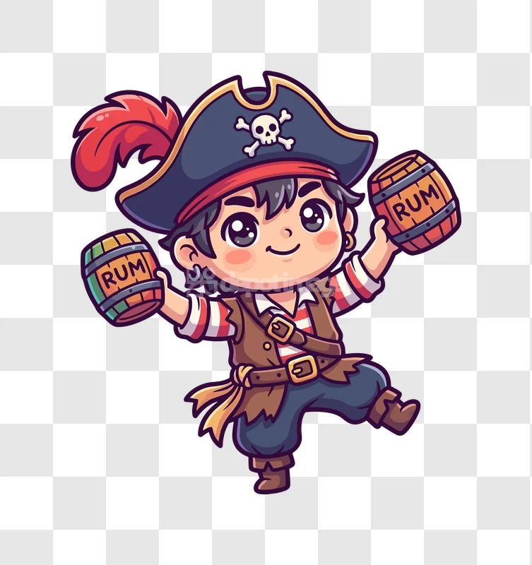 Cute Cartoon Pirate Holding Rum Barrels, chibi style, colorful, black background