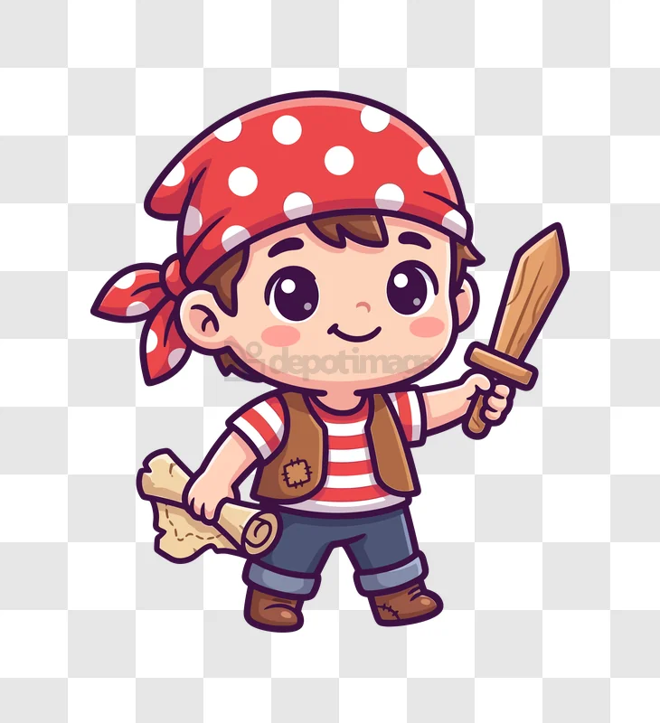 Cute Cartoon Pirate Holding Sword and Map cartoon style transparent background