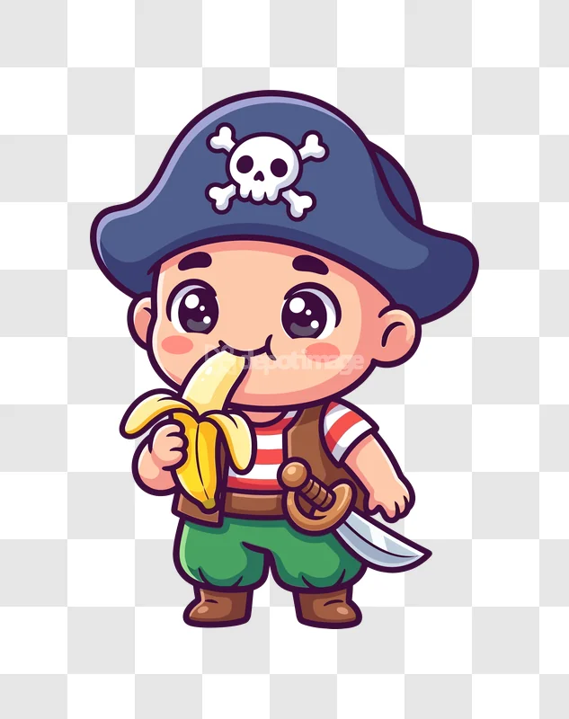 Cute Cartoon Pirate Kid Eating Banana cartoon style colorful illustration