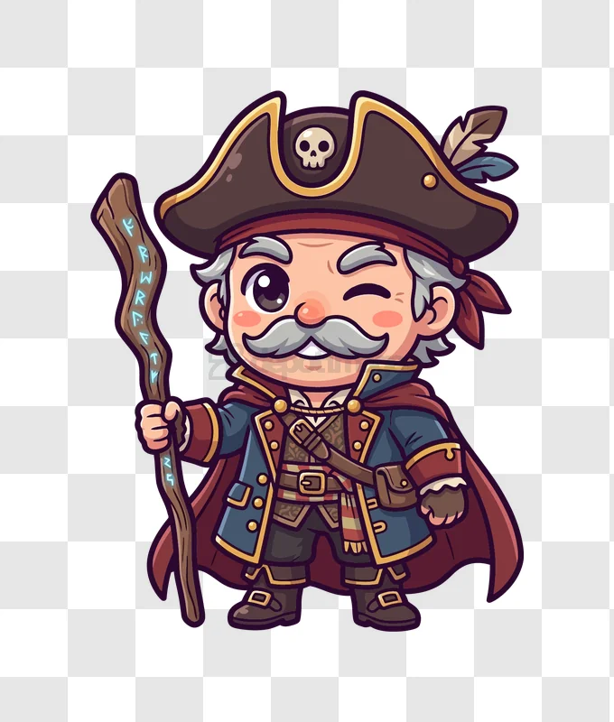 Cute Cartoon Pirate Winking With Staff chibi style transparent background